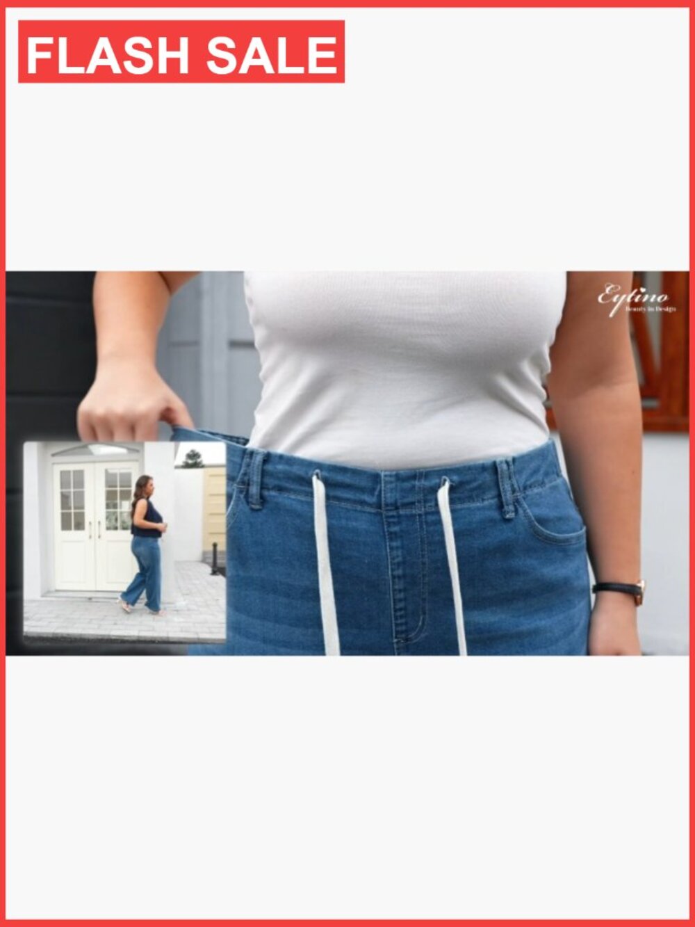 Plus Size Wide Leg Jeans Elastic Waist Drawstring Stretchy Denim Pants with - Picture 6 of 7